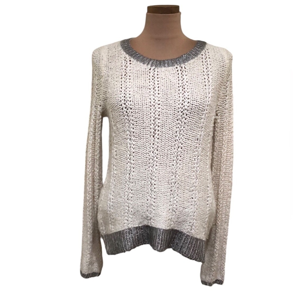 Anthropologie MOTH Sweater Size Small Ecru Cream Silver Ribbed Pullover
